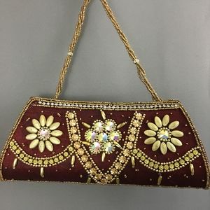 Purse Beaded Burgandy Floral Party 10" Clutch